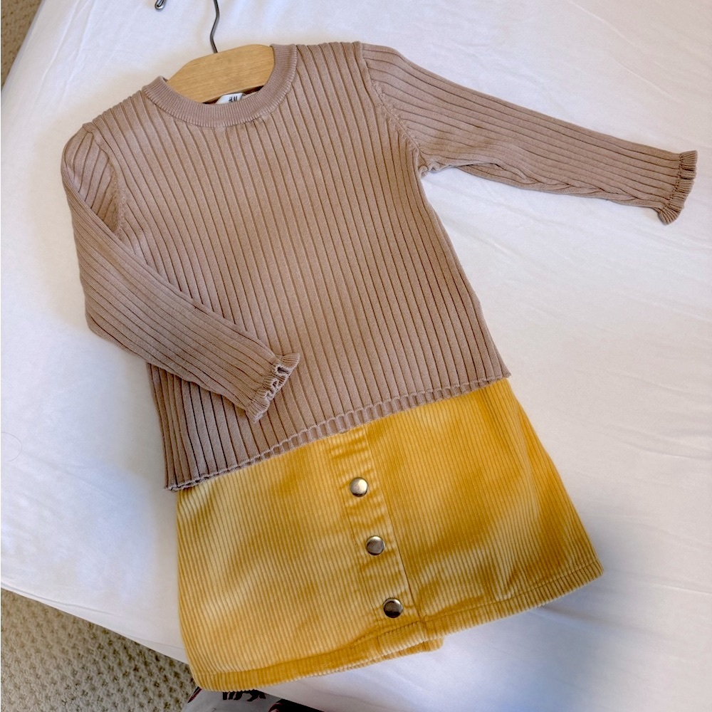 Kids Ribbed Brown Sweater and Yellow Corduroy Skirt - Picture 1 of 7